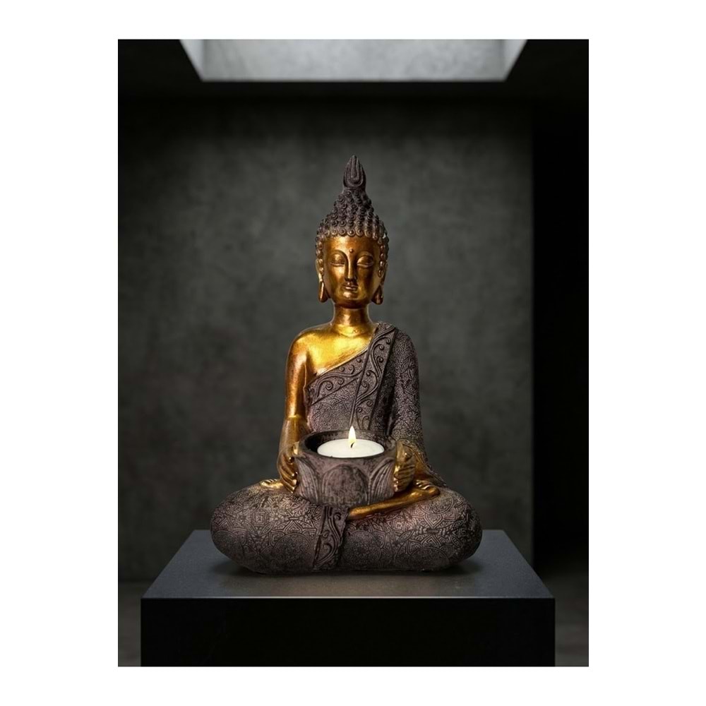 Buda Heykeli Mumluk Altın Gri Reçine Tealight Mum Tutuculu Dekoratif Meditasyon Biblosu 26 cm