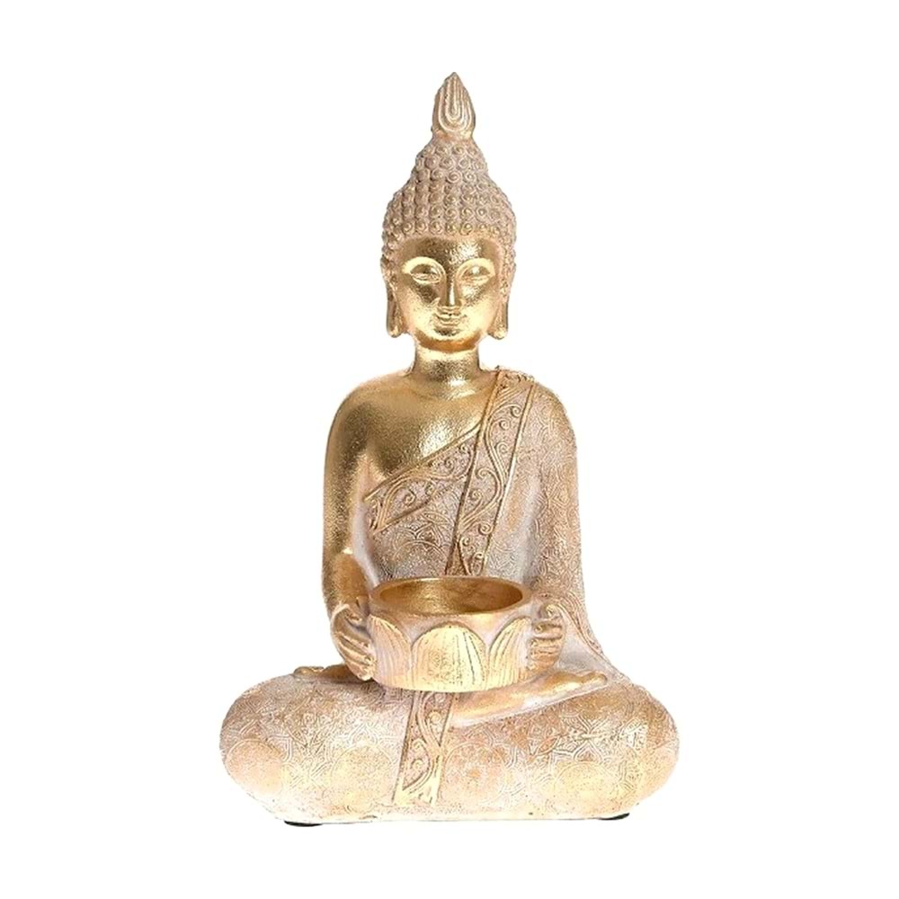 Buda Heykeli Mumluk Gold Reçine Tealight Mum Tutuculu Dekoratif Meditasyon Biblosu 26 cm