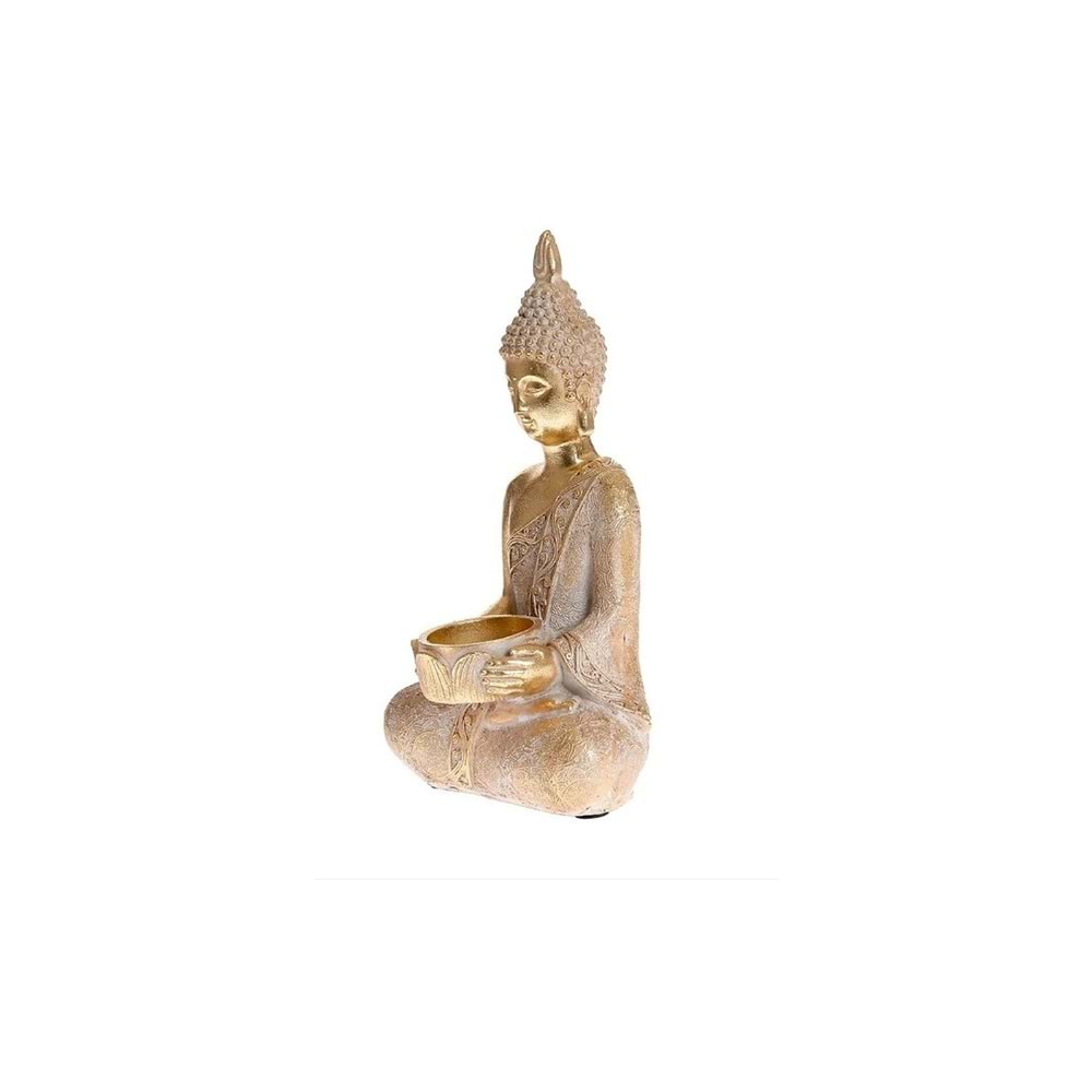 Buda Heykeli Mumluk Gold Reçine Tealight Mum Tutuculu Dekoratif Meditasyon Biblosu 26 cm