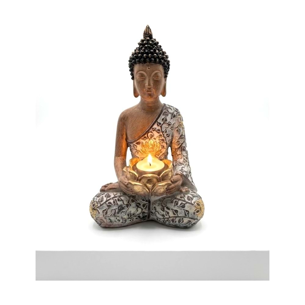 Lotus Mumluklu Buda Heykeli Bakır Gümüş Reçine Tealight Mum Tutuculu Dekoratif Biblo 29 cm