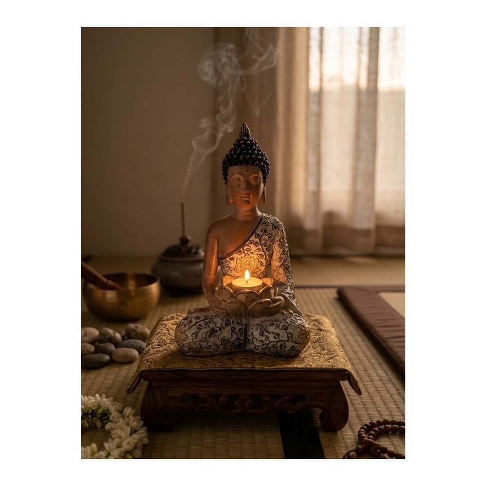Lotus Mumluklu Buda Heykeli Bakır Gümüş Reçine Tealight Mum Tutuculu Dekoratif Biblo 29 cm