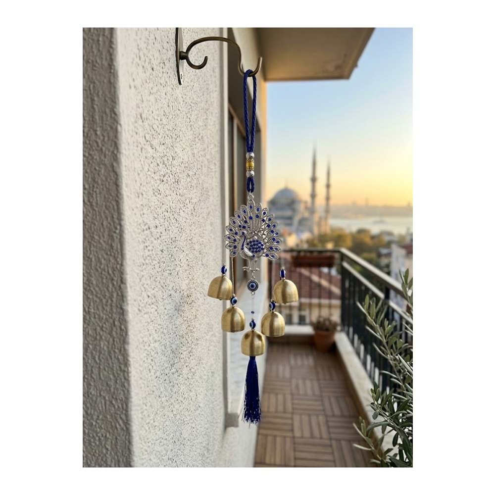 Tavus Kuşlu Nazar Boncuklu Rüzgar Çanı 36 cm Metal Çanlı Püsküllü Balkon Kapı Bahçe Süsü - Gümüş
