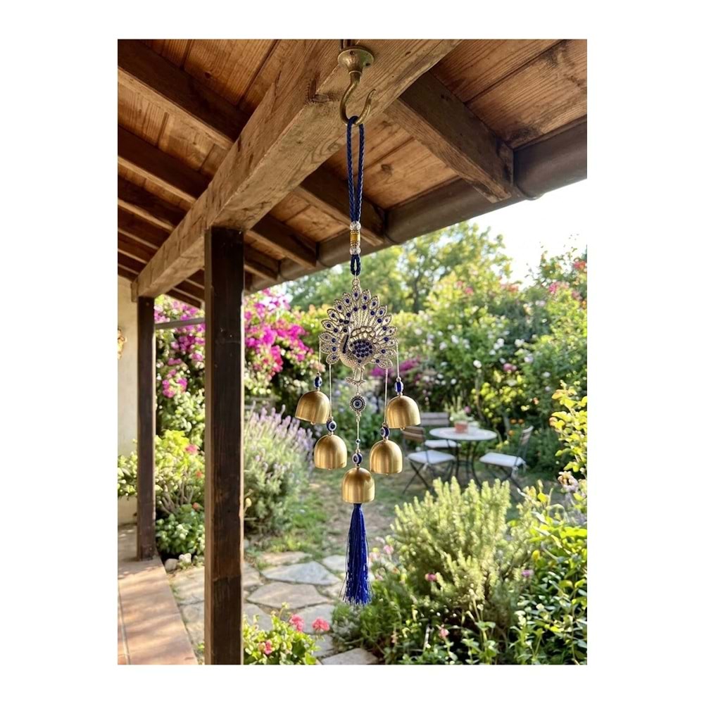 Tavus Kuşlu Nazar Boncuklu Rüzgar Çanı 36 cm Metal Çanlı Püsküllü Balkon Kapı Bahçe Süsü - Gümüş