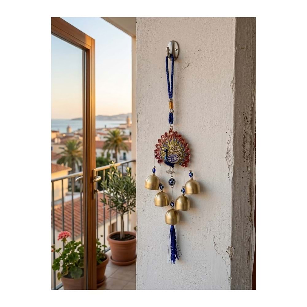 Tavus Kuşlu Nazar Boncuklu Rüzgar Çanı 36 cm Metal Çanlı Püsküllü Balkon Kapı Bahçe Süsü - Renkli