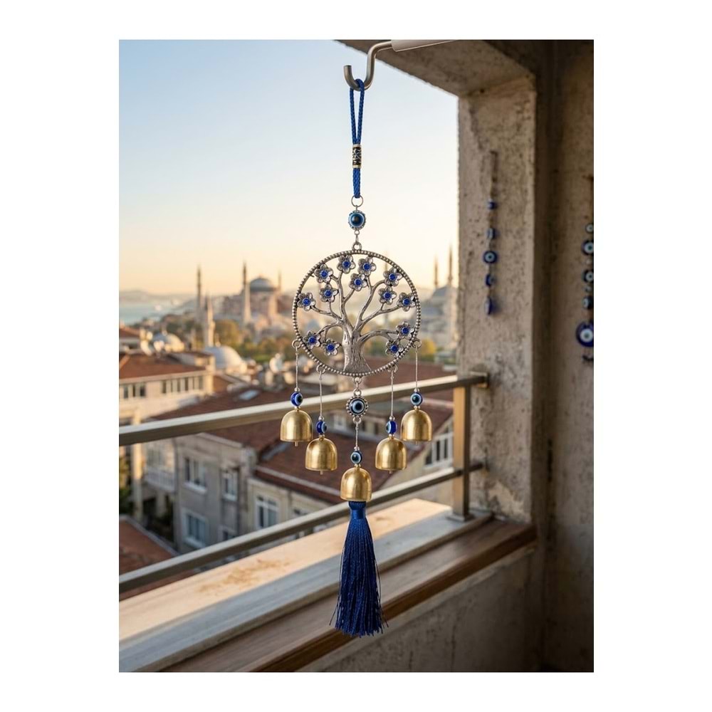 Hayat Ağacı Nazar Boncuklu Rüzgar Çanı 35 cm Metal Çanlı Püsküllü Balkon Kapı Bahçe Süsü - Gümüş