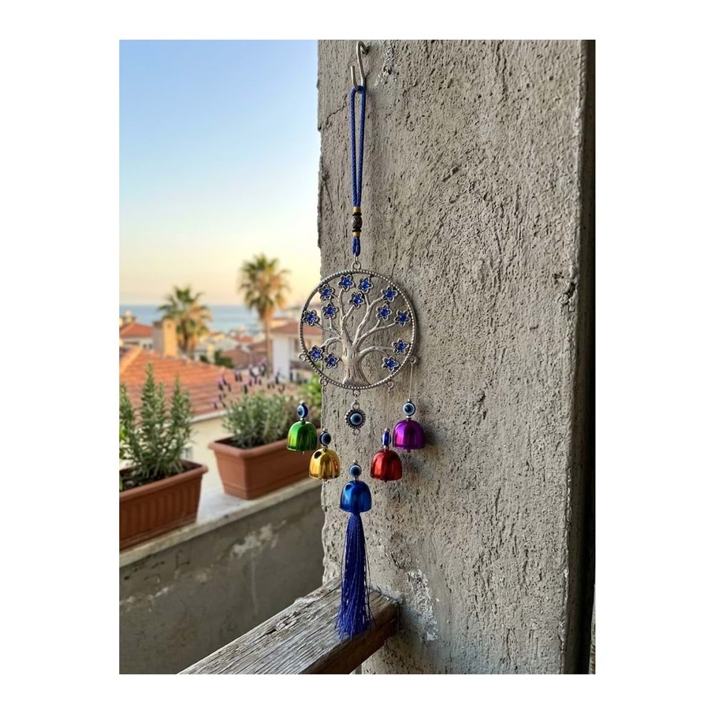 Hayat Ağacı Nazar Boncuklu Rüzgar Çanı 35 cm Metal Çanlı Püsküllü Balkon Kapı Bahçe Süsü - Renkli