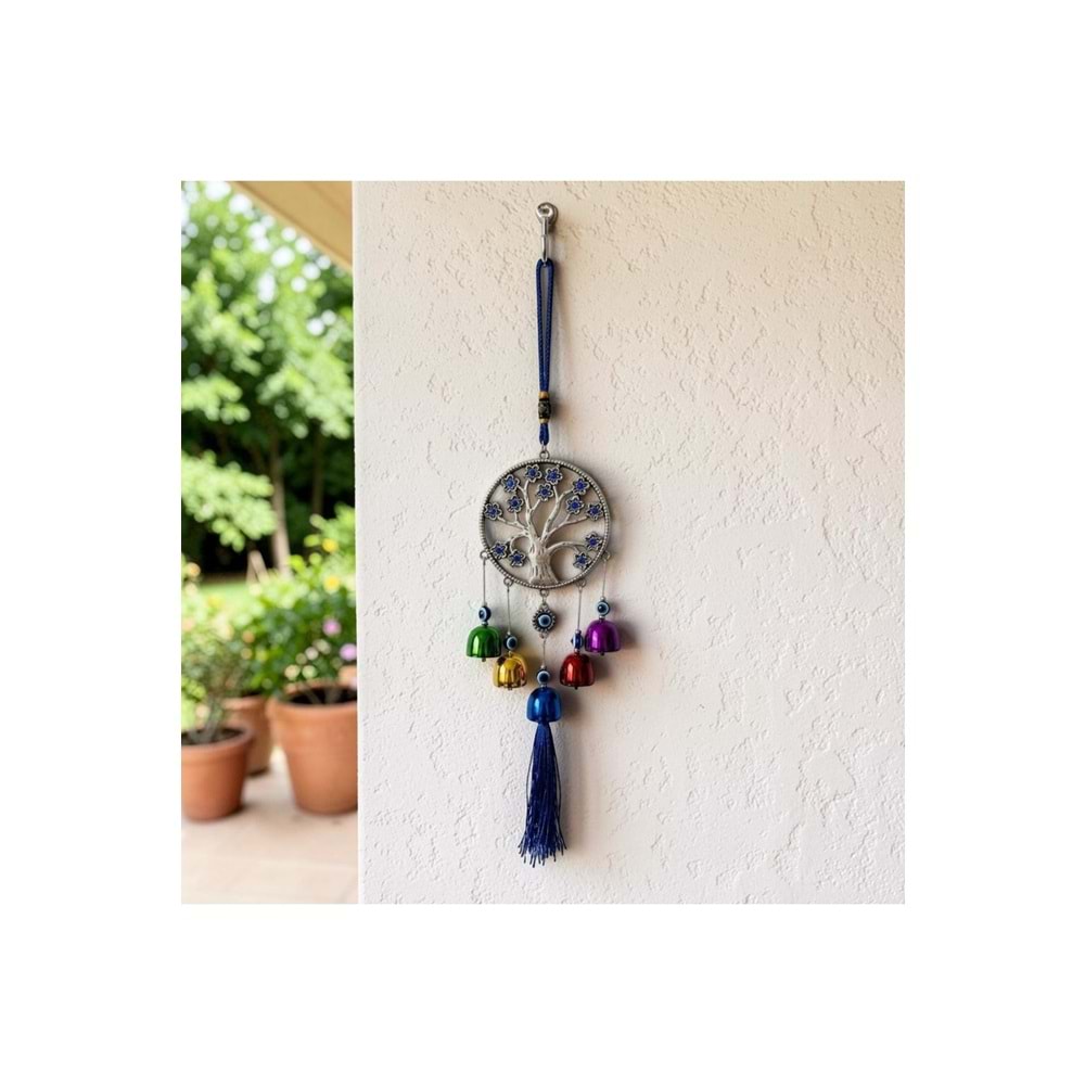 Hayat Ağacı Nazar Boncuklu Rüzgar Çanı 35 cm Metal Çanlı Püsküllü Balkon Kapı Bahçe Süsü - Renkli