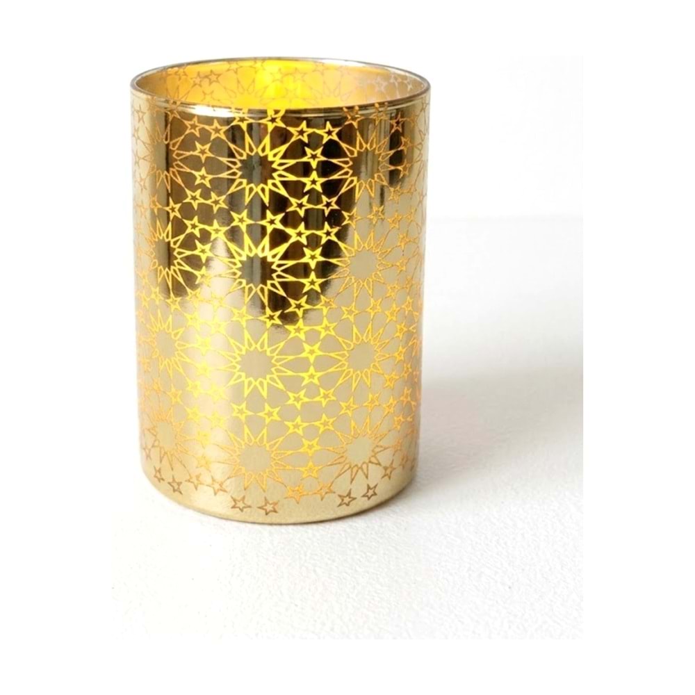 Fas Desenli Gold Cam LED Mum Gerçekçi Alev Efektli Pilli Dekoratif Mum 10 x 7,5 cm