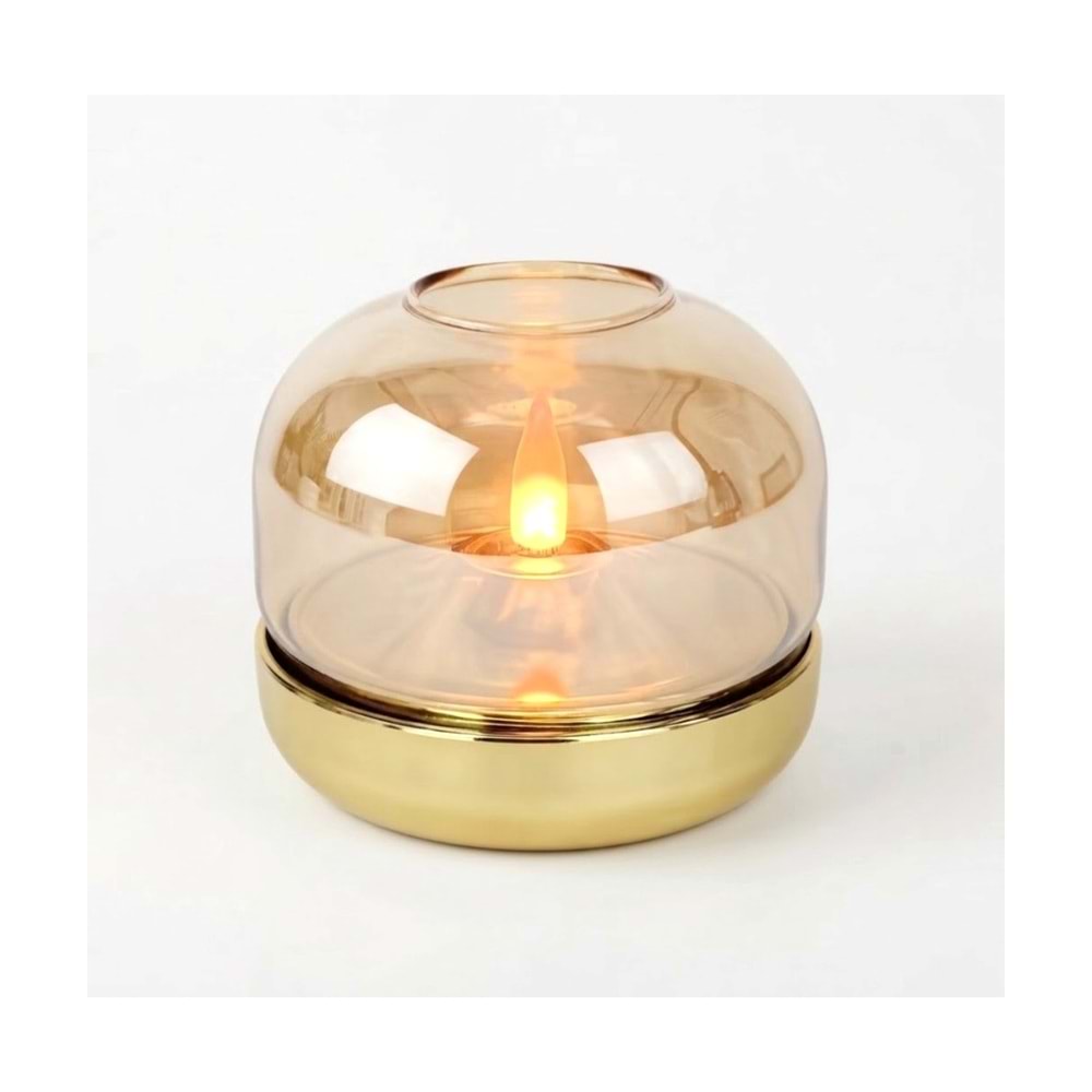 Amber Cam Kubbeli Gold LED Mum Alev Efektli Pilli Dekoratif Mumluk 9 x 7,5 cm