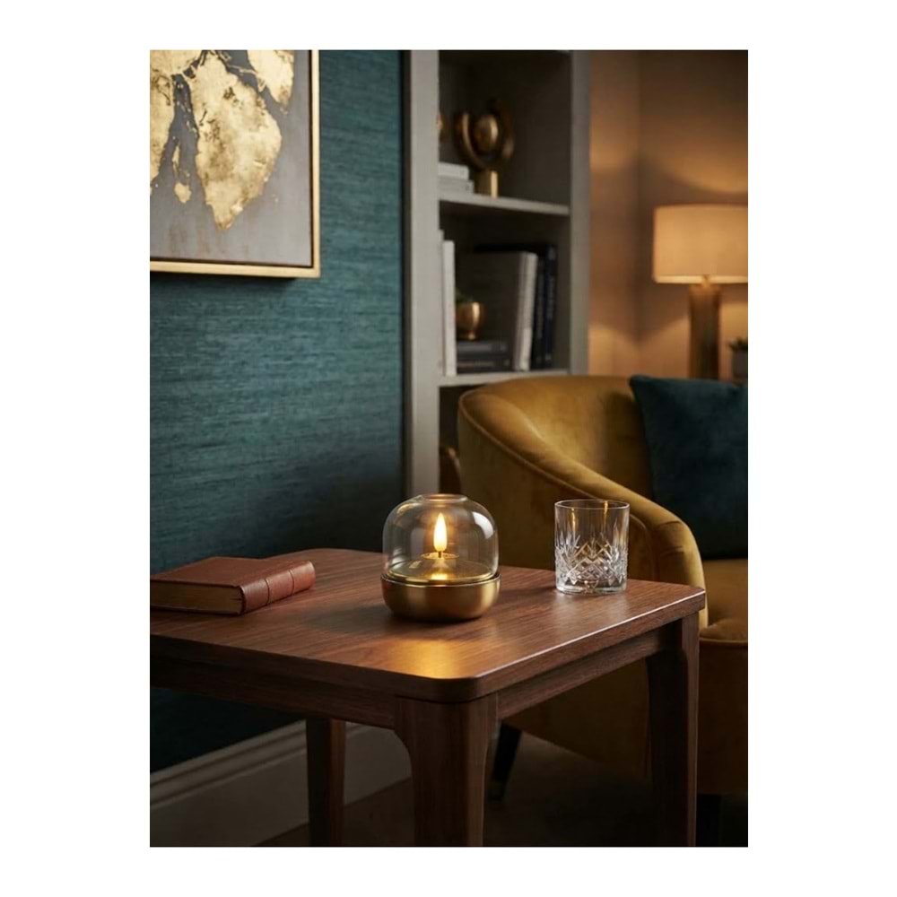 Amber Cam Kubbeli Gold LED Mum Alev Efektli Pilli Dekoratif Mumluk 9 x 7,5 cm