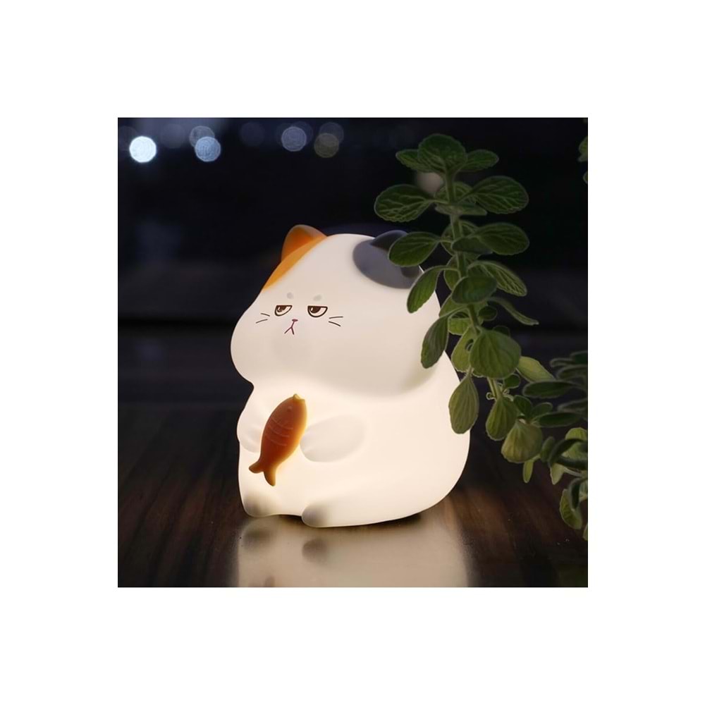 Balık Tutan Sevimli Kedi Silikon Gece Lambası Dokunmatik Kademeli Işık USB Şarjlı Çocuk Odası