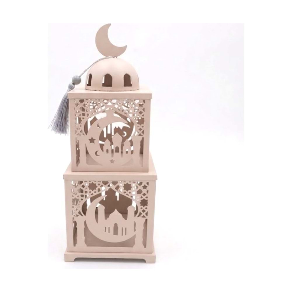 Işıklı Metal Ramazan Feneri İki Katlı Hilal Detaylı Dekoratif Ramazan Kulesi 38 cm