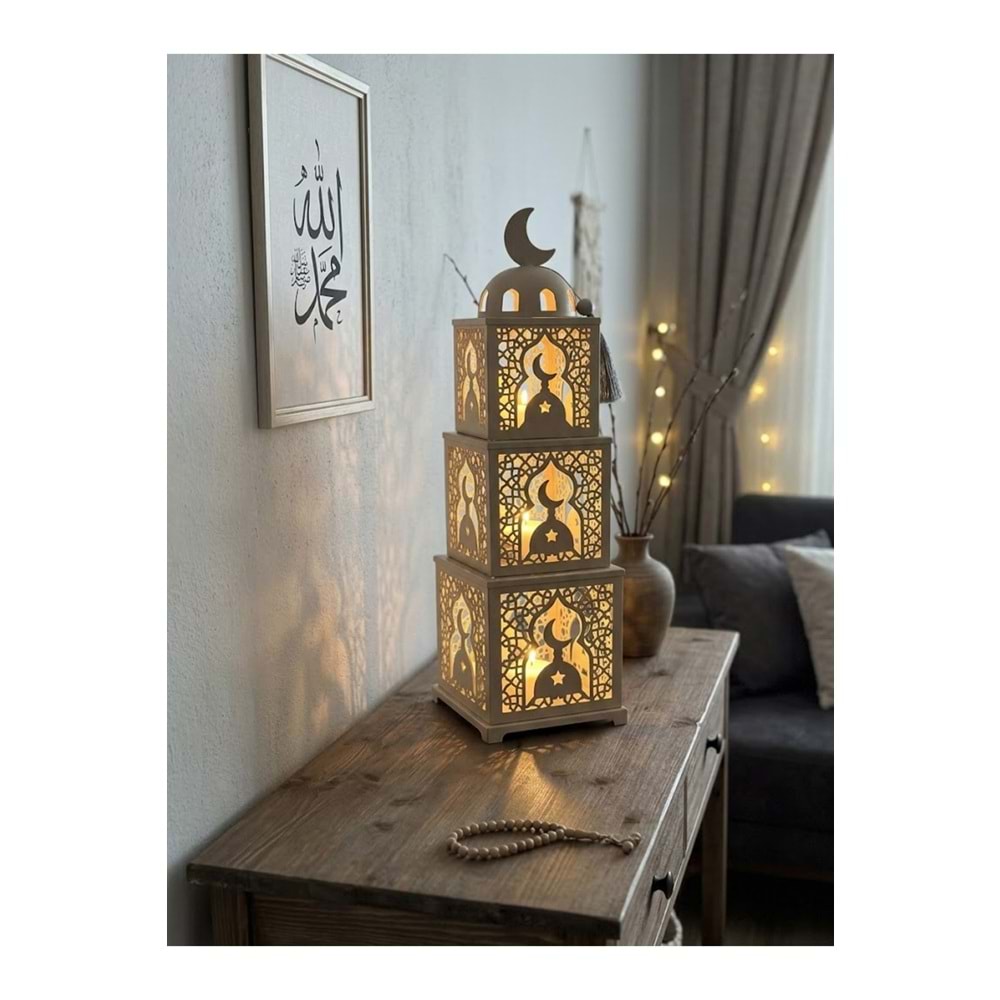Işıklı Metal Ramazan Feneri Üç Katlı Büyük Boy Hilal Detaylı Dekoratif Kule 48 cm