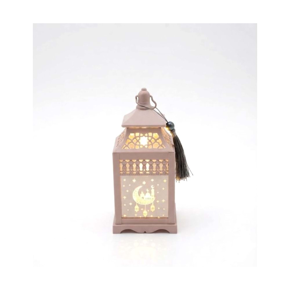 Işıklı Metal Ramazan Feneri Hilal Desenli Püsküllü Dekoratif Masa Feneri 21 cm