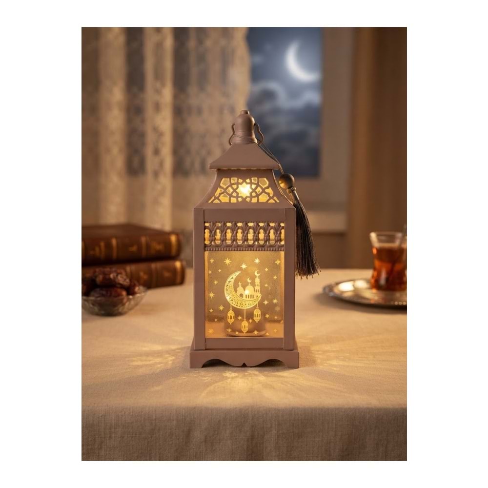 Işıklı Metal Ramazan Feneri Hilal Desenli Püsküllü Dekoratif Masa Feneri 21 cm