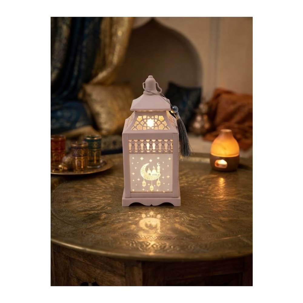 Işıklı Metal Ramazan Feneri Hilal Desenli Püsküllü Dekoratif Masa Feneri 21 cm