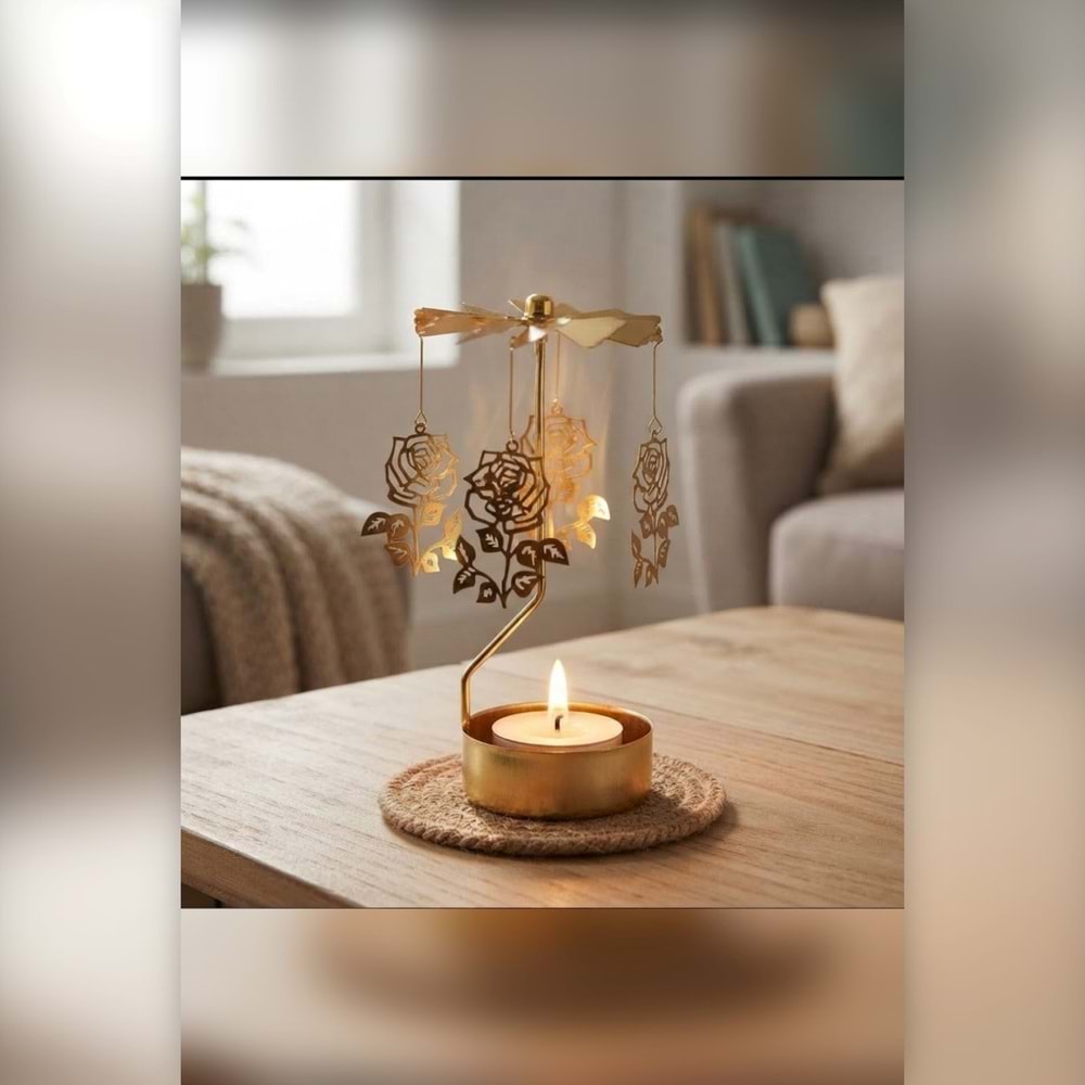 Dönen Mumluk Gül Figürlü Altın Metal Tealight Mum Tutucu Sevgiliye Hediye 15 cm