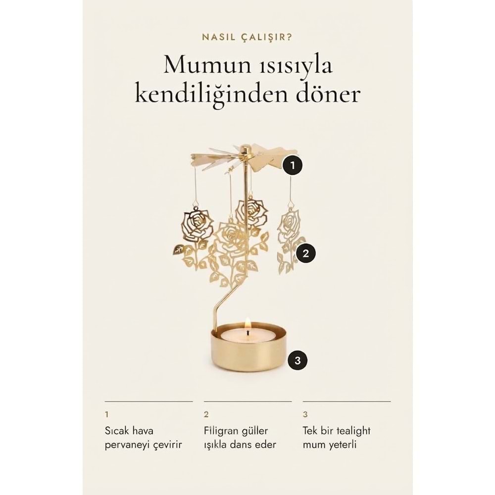 Dönen Mumluk Gül Figürlü Altın Metal Tealight Mum Tutucu Sevgiliye Hediye 15 cm
