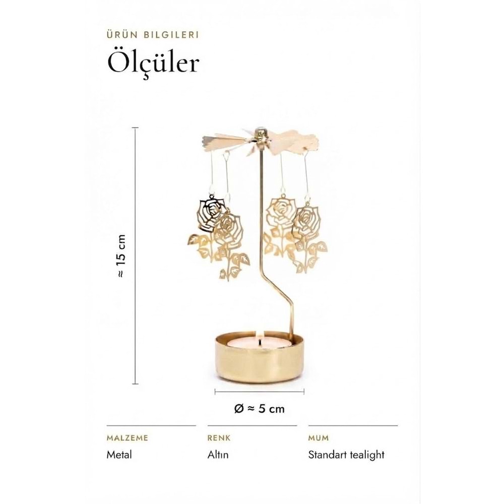 Dönen Mumluk Gül Figürlü Altın Metal Tealight Mum Tutucu Sevgiliye Hediye 15 cm