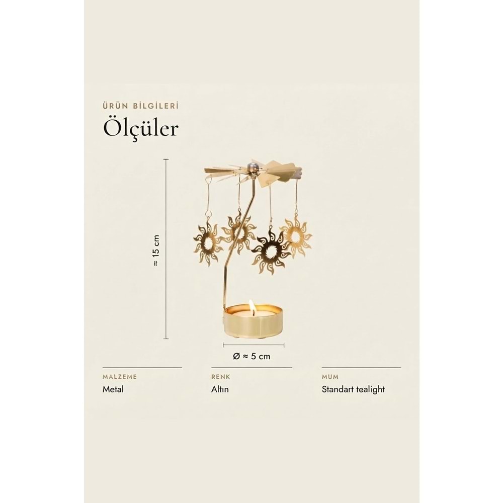 Dönen Mumluk Güneş Figürlü Altın Metal Tealight Mum Tutucu Dekoratif Hediye 15 cm