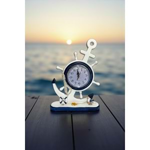Dekoratif Marin Ahşap Dümen Çapa Masa Saati – Nautical Tarz 33x22 cm