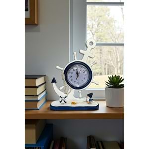 Dekoratif Marin Ahşap Dümen Çapa Masa Saati – Nautical Tarz 33x22 cm
