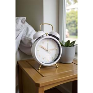 Metal Vintage Tasarım Beyaz Renk Masa Üstü Büyük Boy Alarmlı Çalar Saat