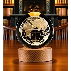 3D Dünya Haritası Cam Küre Lamba – USB'li Sarı Işık Masaüstü Dekoru (Çap 6 cm)
