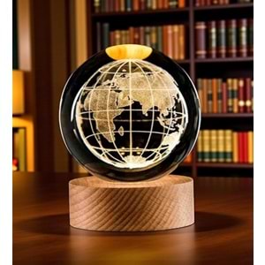 3D Dünya Haritası Cam Küre Lamba – USB'li Sarı Işık Masaüstü Dekoru (Çap 6 cm)