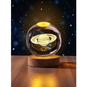 3D Satürn Gezegenli Cam Küre Lamba – USB'li Sarı Işık Masaüstü Dekoru (Çap 6 cm)