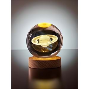 3D Satürn Gezegenli Cam Küre Lamba – USB'li Sarı Işık Masaüstü Dekoru (Çap 6 cm)