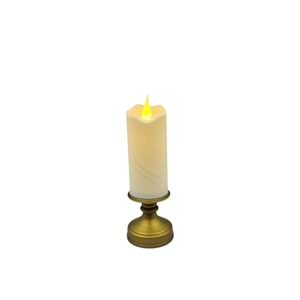Dekoratif LED Mum – Altın Kaideli, Gerçek Alev Efektli, Pilli Işıklı Mum 20x6,5 cm