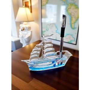 Mistik Deniz Temalı Gemi Sulu Kalemlik – Dekoratif Masaüstü Biblo (14.5 cm)