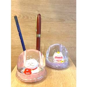 Şans Kedisi (Maneki-Neko) Sulu Kalemlik – Kar Küresi Efektli Uğur Dekoru (8 cm)