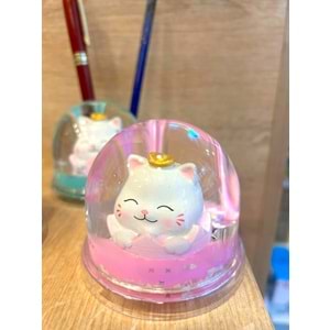Uğur Getiren Şans Kedisi (Maneki-Neko) Sulu Kalemlik – Mini Kar Küresi Efektli Masa Dekoru (8 cm)