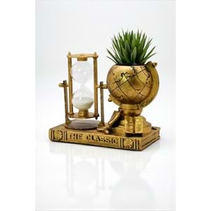 3'ü 1 Arada Retro Dünya Küresi – Kum Saati, Kalemlik ve Sukulent Saksı Fonksiyonlu Masa Dekoru