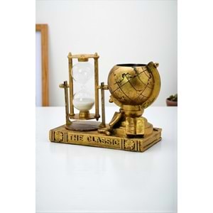 3'ü 1 Arada Retro Dünya Küresi – Kum Saati, Kalemlik ve Sukulent Saksı Fonksiyonlu Masa Dekoru