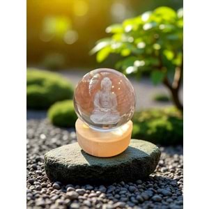 Huzur Veren Buda Figürlü Işıklı Cam Küre – Ahşap Altlıklı USB Dekoratif Lamba