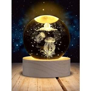 Mistik Deniz Anası Temalı Cam Küre Lamba – USB'li Sarı Işık Masa Dekoru (Çap 6 cm)