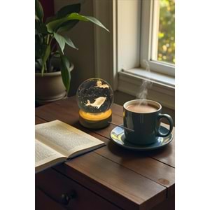Dekoratif Işıklı Ahşap Kaideli Sevimli Yunus Balığı 3D Cam Küre Night Light – 6 cm USB’li