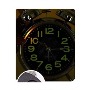 Metal Vintage Işıklı Masa Üstü Çalar Saat – Büyük Boy, Çift Çanlı, Sessiz Akar Saniyeli, 17x12 cm