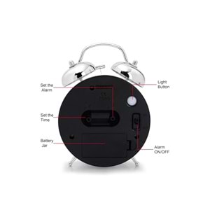 Metal Vintage Işıklı Masa Üstü Çalar Saat – Büyük Boy, Çift Çanlı, Sessiz Akar Saniyeli, 17x12 cm