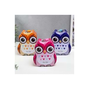 Sevimli Baykuş Tasarımlı Kilitli Metal Kumbara – 15x13x7 cm, Renkli