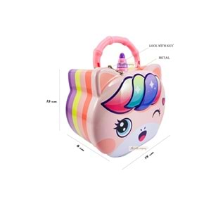 Sevimli Tek Boynuzlu At Tasarımlı Kilitli Metal Kumbara – 13.5x10.5 cm, Renkli, Dayanıkl