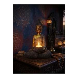 Buda Heykeli Mumluk Altın Gri Reçine Tealight Mum Tutuculu Dekoratif Meditasyon Biblosu 26 cm