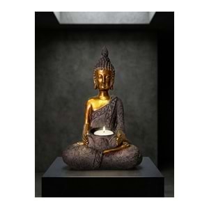 Buda Heykeli Mumluk Altın Gri Reçine Tealight Mum Tutuculu Dekoratif Meditasyon Biblosu 26 cm