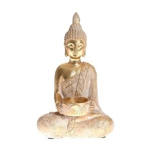 Buda Heykeli Mumluk Gold Reçine Tealight Mum Tutuculu Dekoratif Meditasyon Biblosu 26 cm