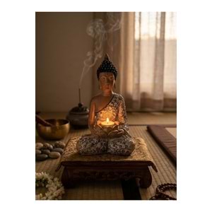 Lotus Mumluklu Buda Heykeli Bakır Gümüş Reçine Tealight Mum Tutuculu Dekoratif Biblo 29 cm