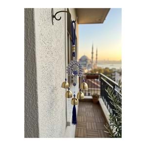 Tavus Kuşlu Nazar Boncuklu Rüzgar Çanı 36 cm Metal Çanlı Püsküllü Balkon Kapı Bahçe Süsü - Gümüş