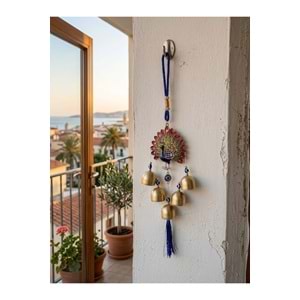 Tavus Kuşlu Nazar Boncuklu Rüzgar Çanı 36 cm Metal Çanlı Püsküllü Balkon Kapı Bahçe Süsü - Renkli